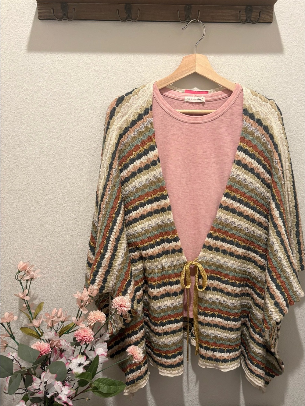 Betsey Johnson Boho Knit Poncho /Colorful Tie Front Ruana Wrap /Cozy Fall Layer
